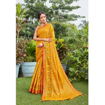 Rosolly Â Women's Organza Printed Saree With Unstitched Blouse (Mustard, 5-6 Mtrs)