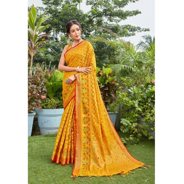 Rosolly Â Women's Organza Printed Saree With Unstitched Blouse (Mustard, 5-6 Mtrs)