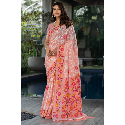 Rosolly Â Women's Cotton Printed Saree With Unstitched Blouse (Peach, 5-6 Mtrs)