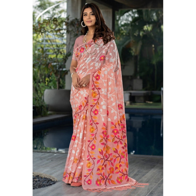 Rosolly Â Women's Cotton Printed Saree With Unstitched Blouse (Peach, 5-6 Mtrs)