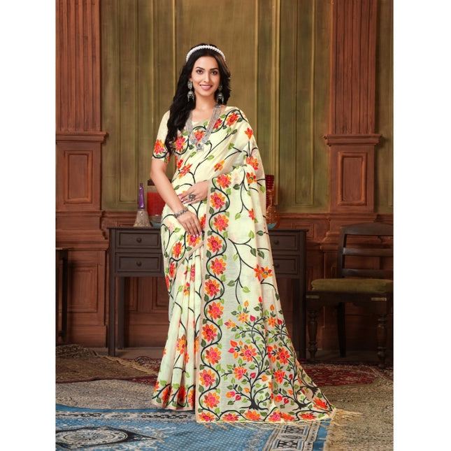 Rosolly Â Women's Organza Printed Saree With Unstitched Blouse (White, 5-6 Mtrs)
