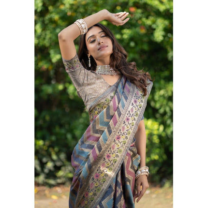 Rosolly Â Women's Organza Printed Saree With Unstitched Blouse (Teal, 5-6 Mtrs)
