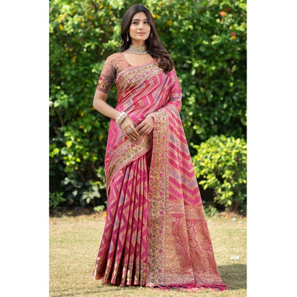 Rosolly Â Women's Organza Printed Saree With Unstitched Blouse (Pink, 5-6 Mtrs)