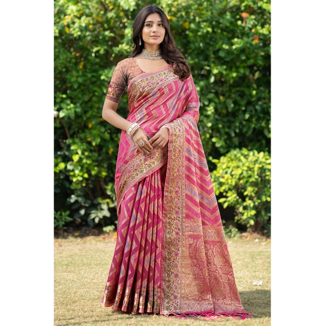 Rosolly Â Women's Organza Printed Saree With Unstitched Blouse (Pink, 5-6 Mtrs)