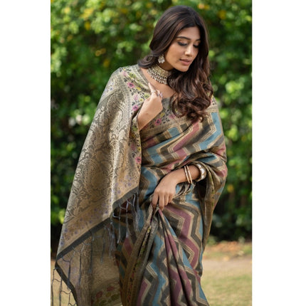 Rosolly Â Women's Organza Printed Saree With Unstitched Blouse (Grey, 5-6 Mtrs)