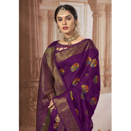 Rosolly Â Women's Chanderi Cotton Printed Saree With Unstitched Blouse (Purple, 5-6 Mtrs)