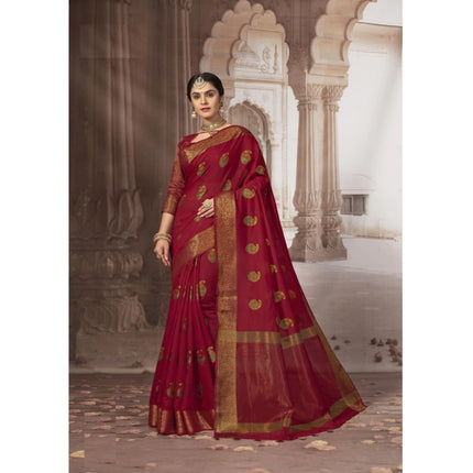 Rosolly Â Women's Chanderi Cotton Printed Saree With Unstitched Blouse (Red, 5-6 Mtrs)