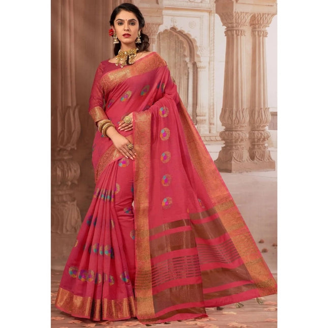 Rosolly Â Women's Chanderi Cotton Printed Saree With Unstitched Blouse (Pink, 5-6 Mtrs)