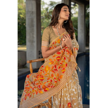 Rosolly  Women's Cotton Printed Saree With Unstitched Blouse (Beige, 5-6 Mtrs)