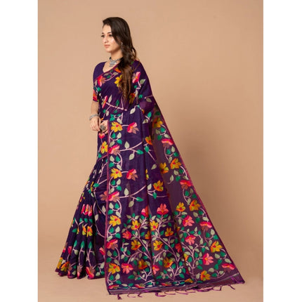 Rosolly  Women's Cotton Printed Saree With Unstitched Blouse (Wine, 5-6 Mtrs)