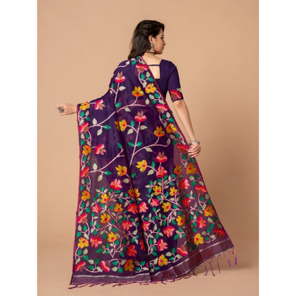 Rosolly  Women's Cotton Printed Saree With Unstitched Blouse (Wine, 5-6 Mtrs)