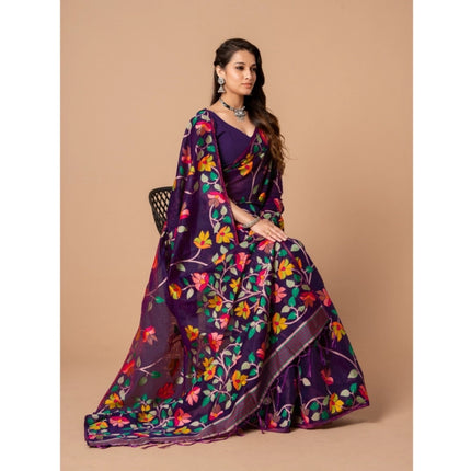 Rosolly  Women's Cotton Printed Saree With Unstitched Blouse (Wine, 5-6 Mtrs)