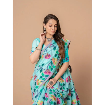 Rosolly  Women's Cotton Printed Saree With Unstitched Blouse (Sky Blue, 5-6 Mtrs)