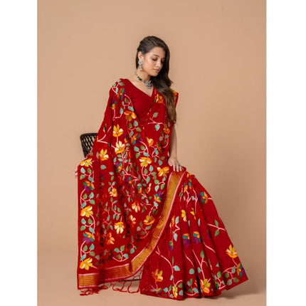 Rosolly  Women's Cotton Printed Saree With Unstitched Blouse (Red, 5-6 Mtrs)