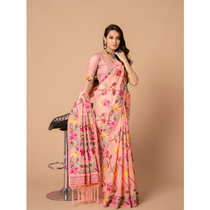 Rosolly  Women's Cotton Printed Saree With Unstitched Blouse (Pink, 5-6 Mtrs)