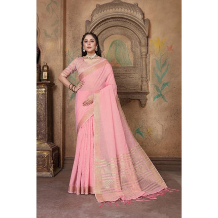 Rosolly  Women's Soft Linen Striped Saree With Unstitched Blouse (PInk, 5-6 Mtrs)