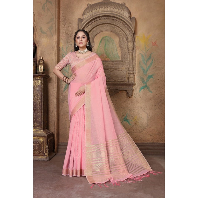 Rosolly  Women's Soft Linen Striped Saree With Unstitched Blouse (PInk, 5-6 Mtrs)