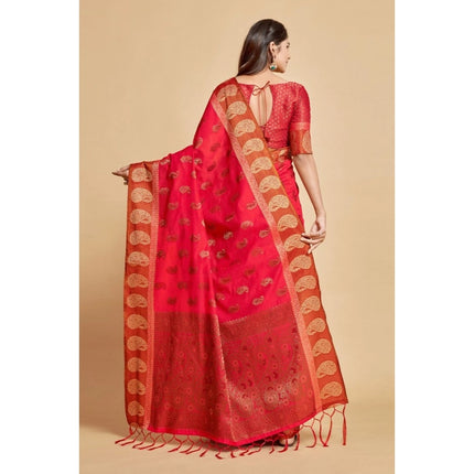 Rosolly  Women's Chanderi Cotton Printed Saree With Unstitched Blouse (Pink, 5-6 Mtrs)
