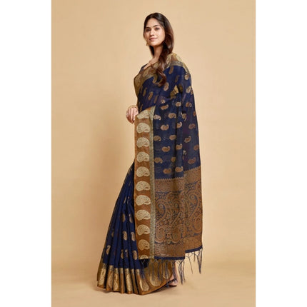 Rosolly  Women's Chanderi Cotton Printed Saree With Unstitched Blouse (Navy Blue, 5-6 Mtrs)