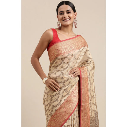 Rosolly  Women's Chanderi Cotton Printed Saree With Unstitched Blouse (Beige, 5-6 Mtrs)
