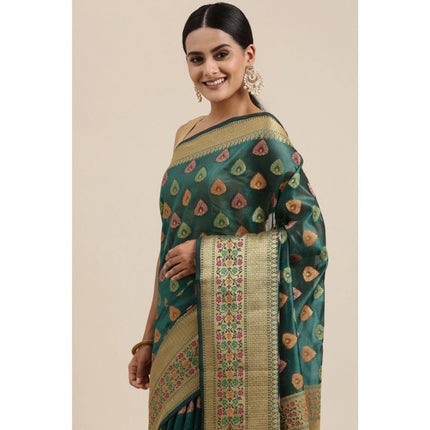 Rosolly  Women's Organza Printed Saree With Unstitched Blouse (Sea Green, 5-6 Mtrs)