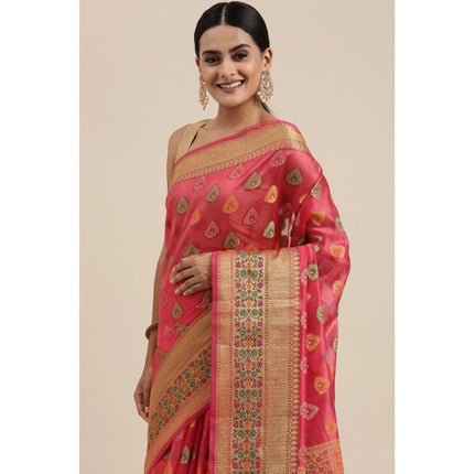 Rosolly  Women's Organza Printed Saree With Unstitched Blouse (Pink, 5-6 Mtrs)