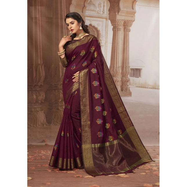 Rosolly Â Women's Chanderi Cotton Printed Saree With Unstitched Blouse (Maroon, 5-6 Mtrs)