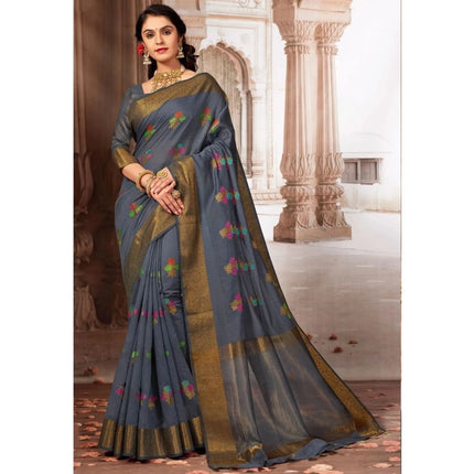 Rosolly Â Women's Linen Printed Saree With Unstitched Blouse (Grey, 5-6 Mtrs)