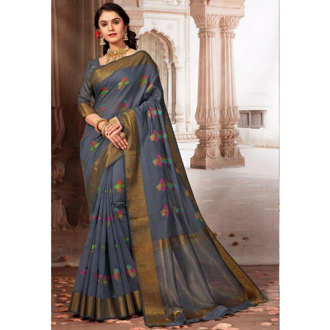 Rosolly Â Women's Linen Printed Saree With Unstitched Blouse (Grey, 5-6 Mtrs)