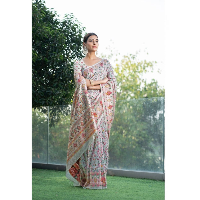 Rosolly Â Women's Linen Printed Saree With Unstitched Blouse (White, 5-6 Mtrs)