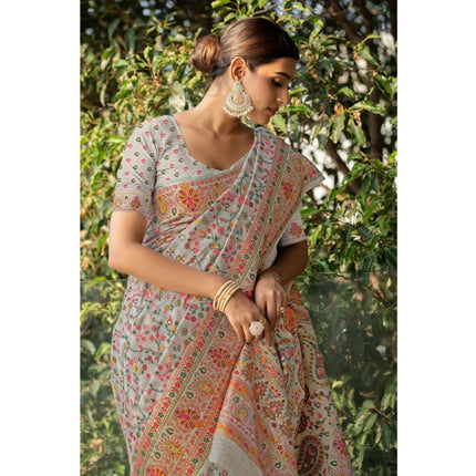 Rosolly Â Women's Linen Printed Saree With Unstitched Blouse (Off-White, 5-6 Mtrs)