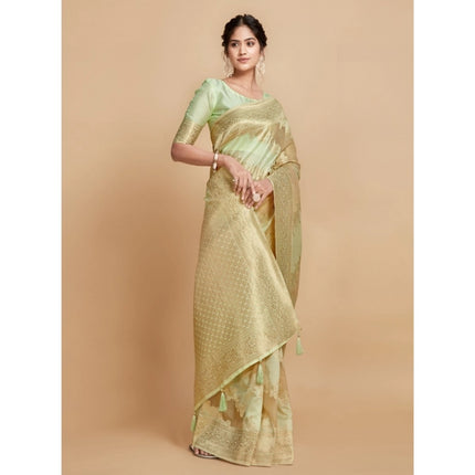 Rosolly Â Women's Linen Printed Saree With Unstitched Blouse (Pista, 5-6 Mtrs)