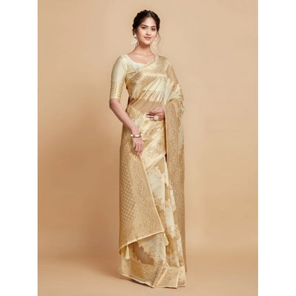 Rosolly Â Women's Linen Printed Saree With Unstitched Blouse (Beige, 5-6 Mtrs)