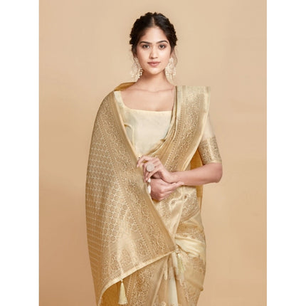 Rosolly Â Women's Linen Printed Saree With Unstitched Blouse (Beige, 5-6 Mtrs)