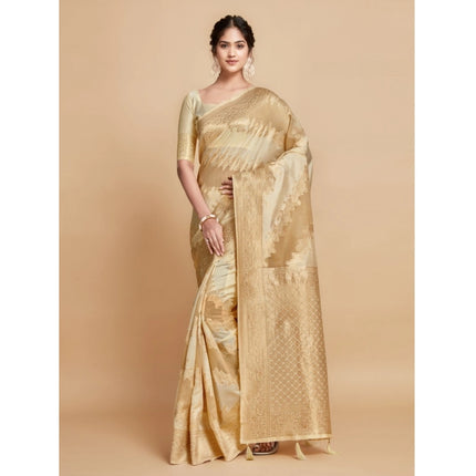 Rosolly Â Women's Linen Printed Saree With Unstitched Blouse (Beige, 5-6 Mtrs)