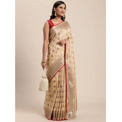 Rosolly Â Women's Chanderi Cotton Printed Saree With Unstitched Blouse (Beige, 5-6 Mtrs)