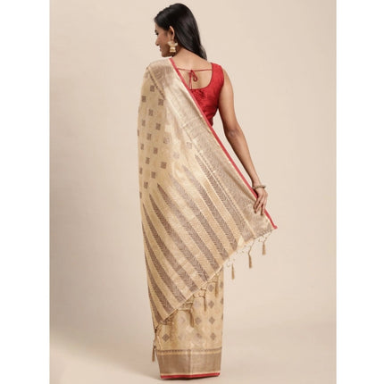Rosolly Â Women's Chanderi Cotton Printed Saree With Unstitched Blouse (Beige, 5-6 Mtrs)