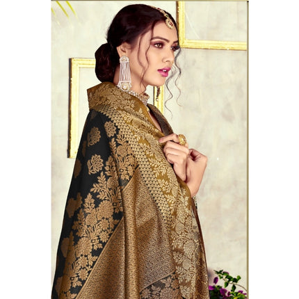 Rosolly Â Women's Chanderi Cotton Printed Saree With Unstitched Blouse (Black, 5-6 Mtrs)