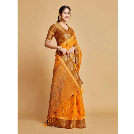 Rosolly Â Women's Organza Printed Saree With Unstitched Blouse (Mustard, 5-6 Mtrs)