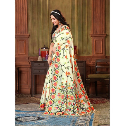 Rosolly Â Women's Organza Printed Saree With Unstitched Blouse (White, 5-6 Mtrs)