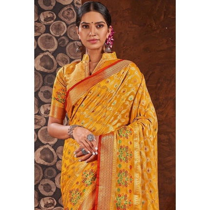 Rosolly Â Women's Organza Printed Saree With Unstitched Blouse (Yellow, 5-6 Mtrs)