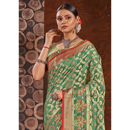 Rosolly Â Women's Organza Printed Saree With Unstitched Blouse (Sea Green, 5-6 Mtrs)