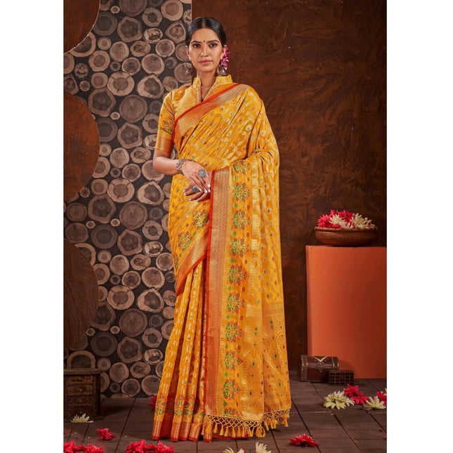 Rosolly Â Women's Organza Printed Saree With Unstitched Blouse (Yellow, 5-6 Mtrs)