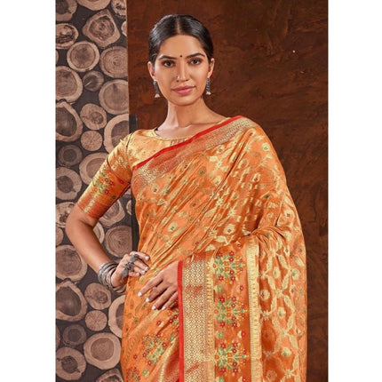 Rosolly Â Women's Organza Printed Saree With Unstitched Blouse (Orange, 5-6 Mtrs)