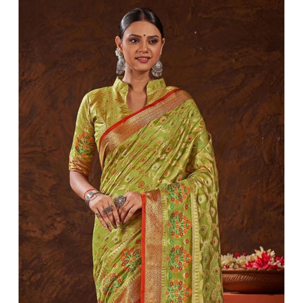 Rosolly Â Women's Organza Printed Saree With Unstitched Blouse (Parrot Green, 5-6 Mtrs)