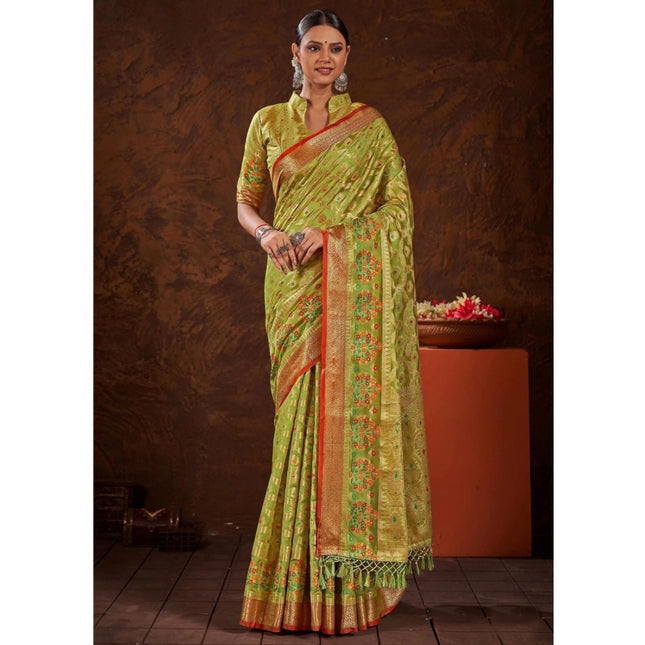 Rosolly Â Women's Organza Printed Saree With Unstitched Blouse (Parrot Green, 5-6 Mtrs)
