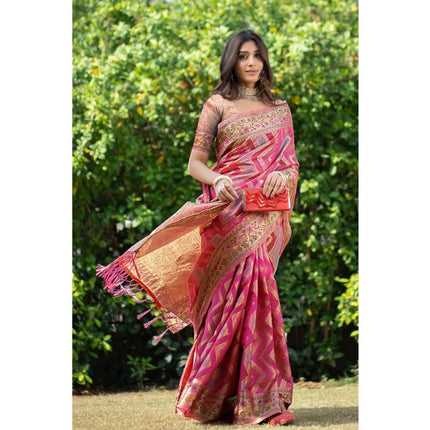 Rosolly Â Women's Organza Printed Saree With Unstitched Blouse (Pink, 5-6 Mtrs)