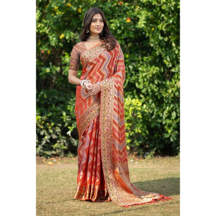 Rosolly Â Women's Organza Printed Saree With Unstitched Blouse (Orange, 5-6 Mtrs)