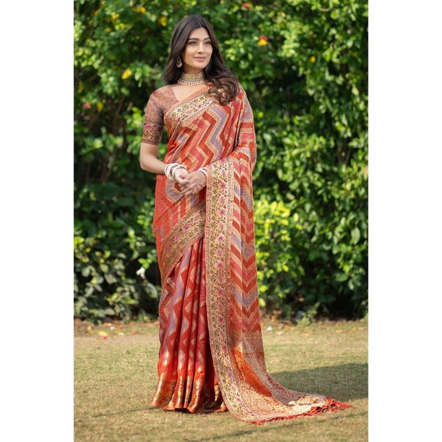 Rosolly Â Women's Organza Printed Saree With Unstitched Blouse (Orange, 5-6 Mtrs)