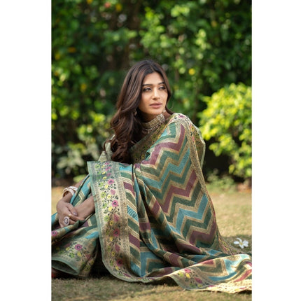 Rosolly Â Women's Organza Printed Saree With Unstitched Blouse (Green, 5-6 Mtrs)